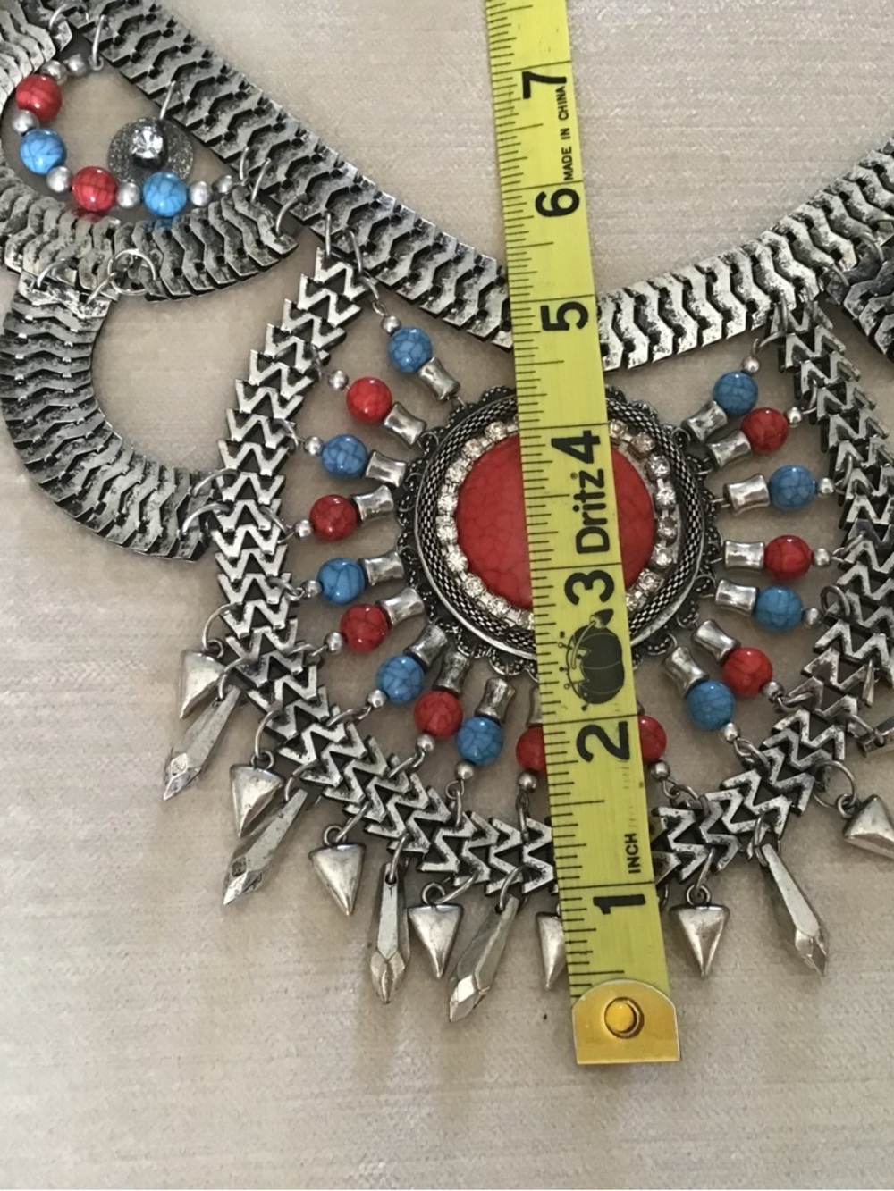 Statement Red & Turquoise Colored Beaded Silver-Tone Bib Necklace - Picture 4 of 6